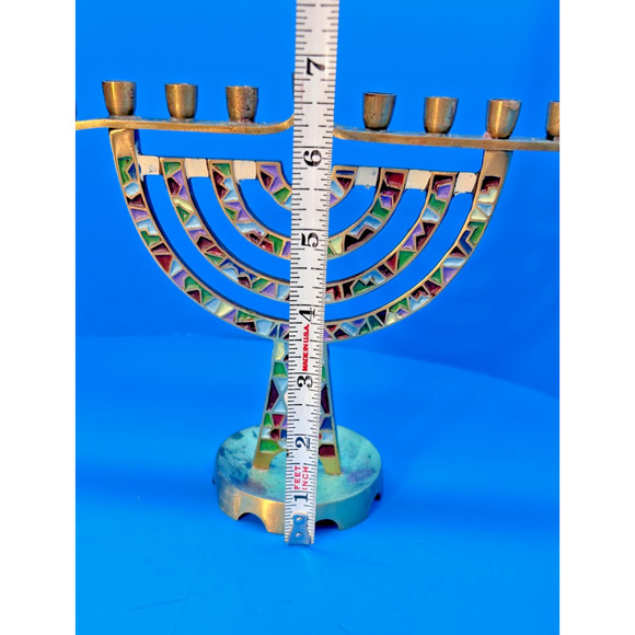 Hanukkah Menorah 9 Branch Brass Enamel Candle Holder 7" Tall Made in Israel - Picture 7 of 14